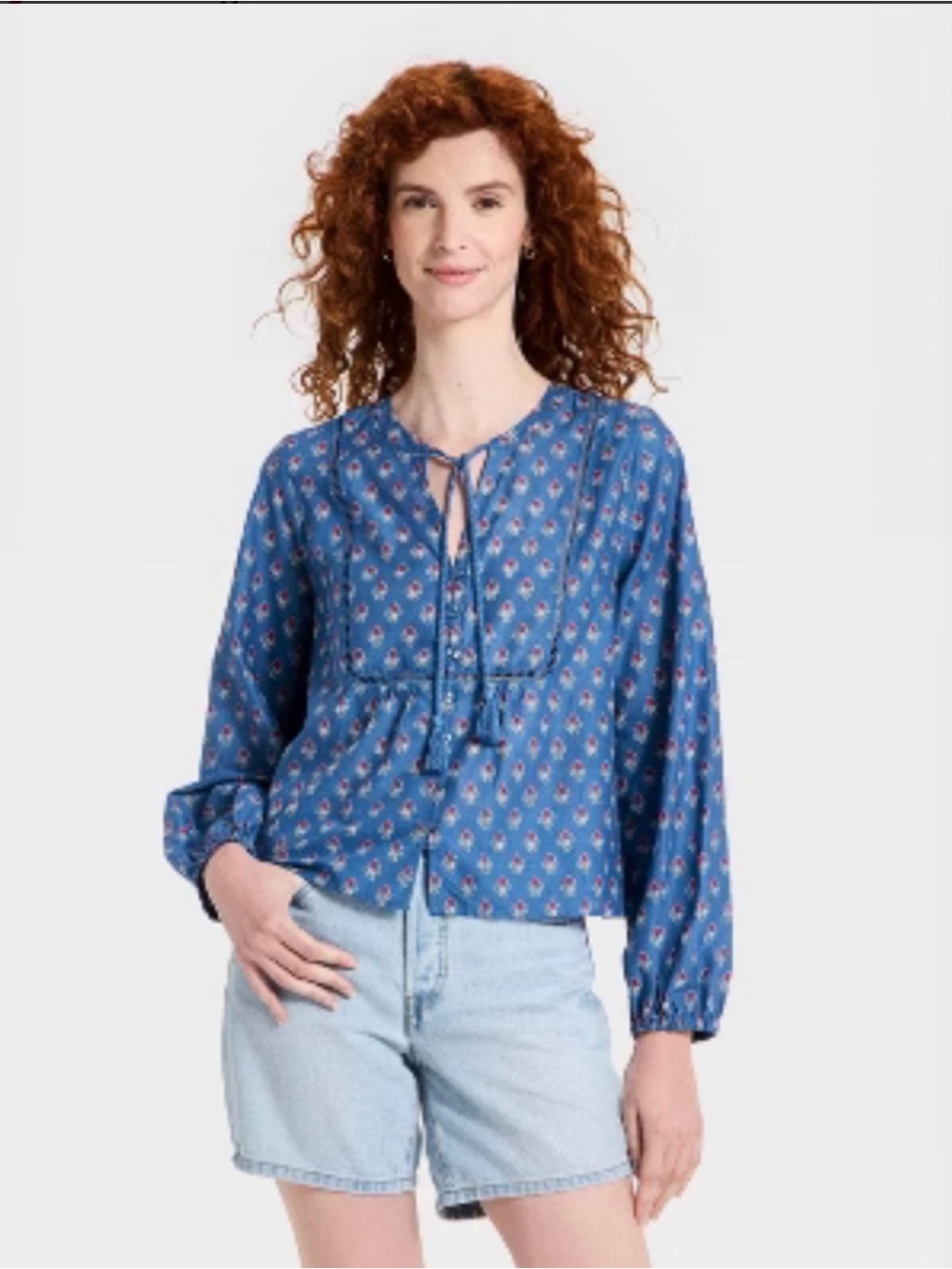 Universal Thread Blue Floral Tie-Front Peasant Blouse - Size M - NWT